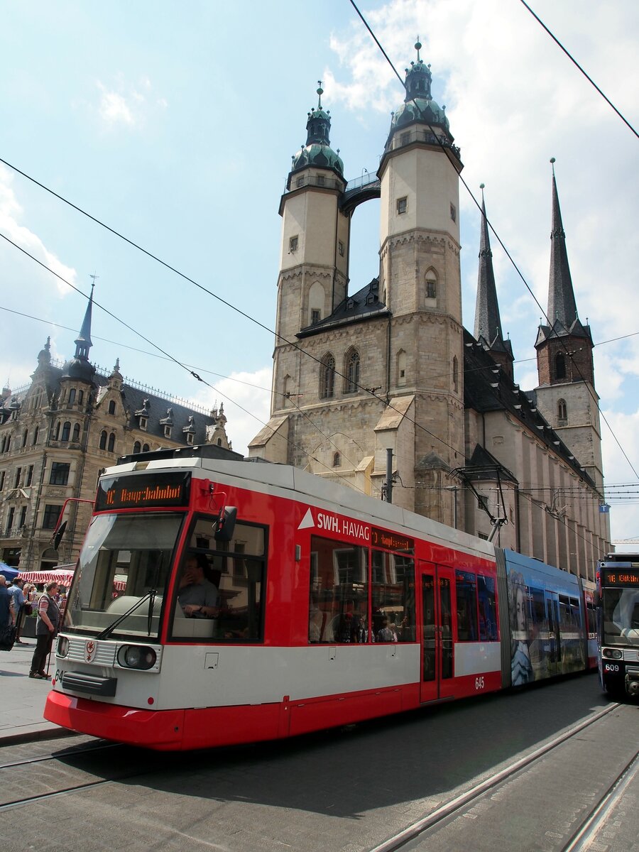 Stra�enbahn / Stadtverkehr;  Halle;  MGT6D Nr.645 von Bautzen Baujahr 1999 am Marktplatz in Halle am 30.06.2015.