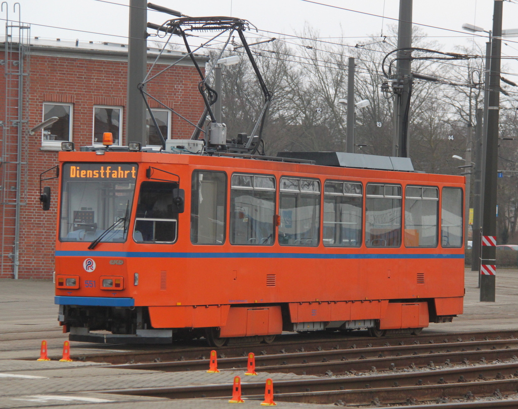 Tatra T6 Wagen 551 als Arbeitstram stand am 20.02.2015 auf dem Gel�nde der Rostocker Stra�enbahn AG