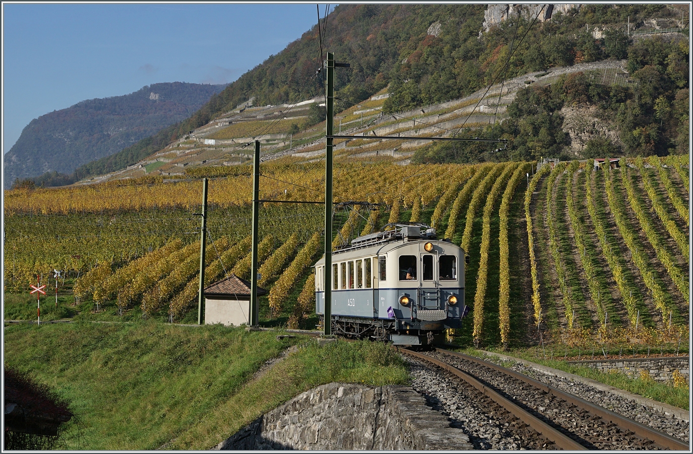 Am 2. November lud die  Association ASD 1914  mit ihrem ASD BCFe 4/4 N° 1  TransOrmonan  zu einer Jass-Fahrt ein. Das Bild zeigt den  Association ASD 1914   ASD BCFe 4/4 N° 1  TransOrmonan  oberhalb des Château d'Aigle auf der Fahrt in Richtung Les Diablerets. 

2. Nov. 2024