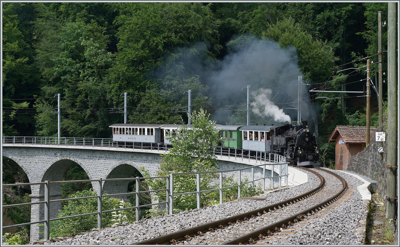 Dieses Jahr fällt mein Beitrag zum  Festival Suisse de la vapeur  (Schweizer Dampffestival 2025) arbeitsbedingt etwas weniger üppig aus: Die BFD HG 3/4 N° 3 ist mit ihrem Dampfzug bei Vers chez Robert auf dem Weg nach Chamby.

8. Juni 2025