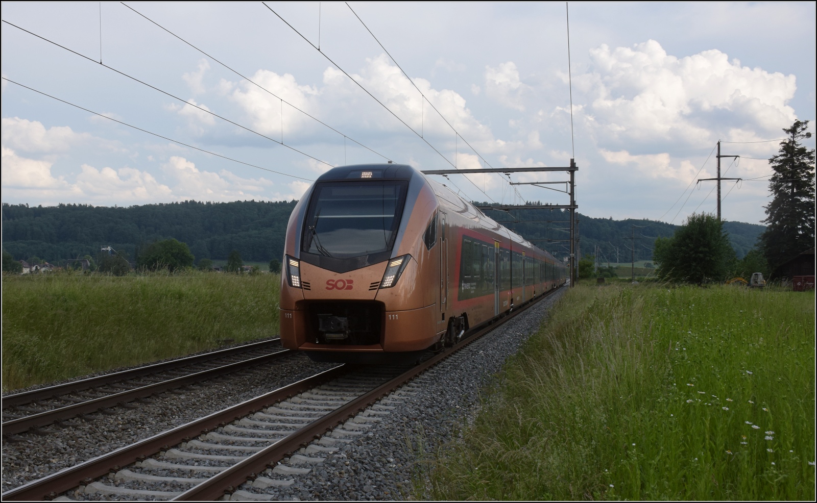 Fernverkehrstag auf der Altstrecke.

Via Burgdorf gibt es zumeist nur noch Güterverkehr, Nahverkehr und überregionale Züge nach Bern. Das Flirtpärchen RABe 526 111/211 der SOB vor Thermikwolken über den Höhenzügen des Emmentals. Bettenhausen, Juni 2023.