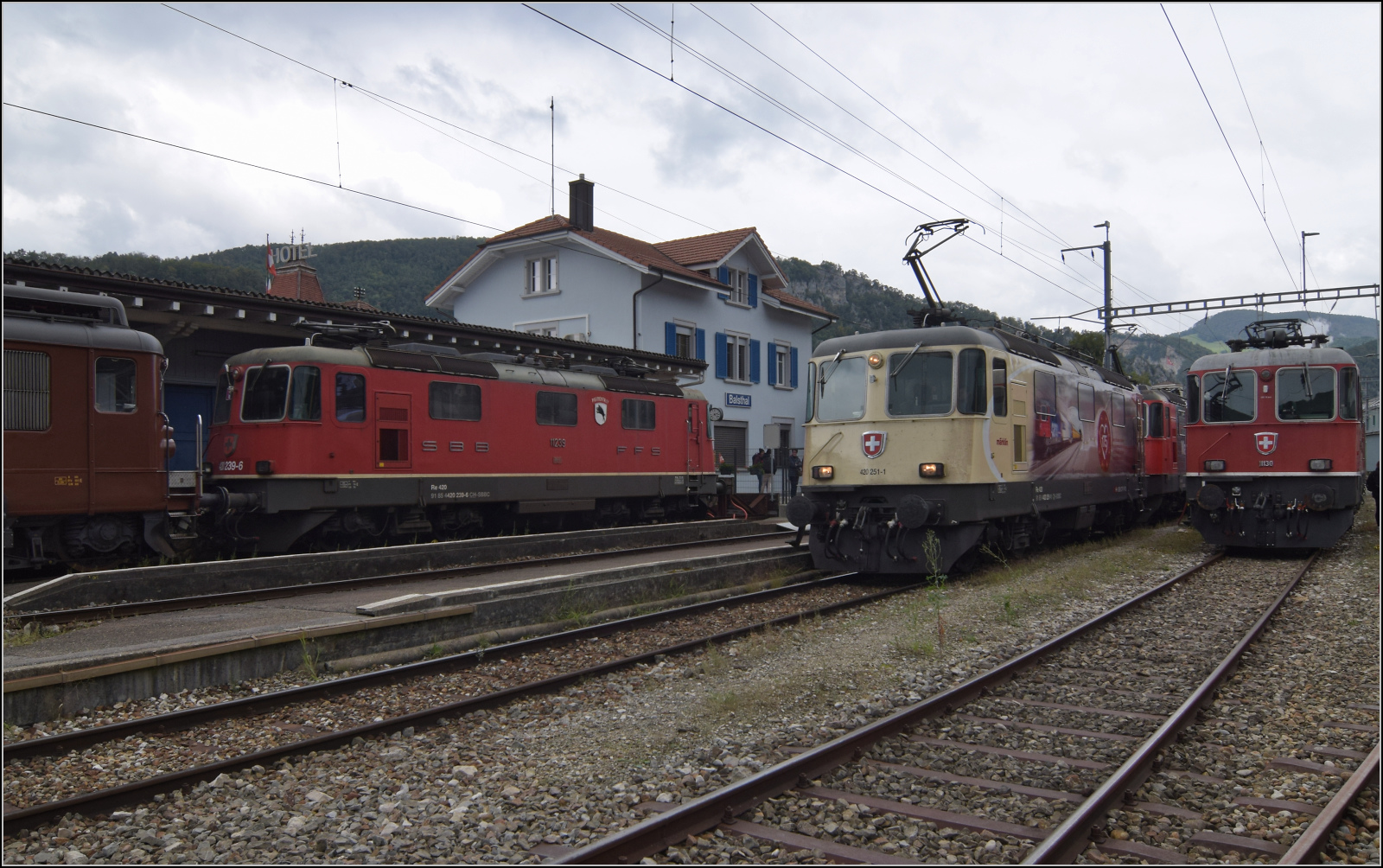Grosses BoBo-Treffen in Balsthal - die Teilnehmerinnen:

Nicht nur für Waidmänner sind Schwarzkittel ein hartes Brot. Re 4/4 II 11239 ist eine von zwei Wappenloks und macht sich offenbar auch für schiesswütige Fuzzis rar. Sie kam auch nicht im Lokzug mit. 

Als sich der Kanton Jura bildete, stieg die Ae 6/6 11483 von der Städtelok 'Porrentruy' zur Kantonslok 'Jura'. Das Wappen mit der Wildsau wurde der Re 4/4 II 11239 vererbt, welches sie heute leider nur noch auf einer Seite trägt. Balsthal, September 2024.