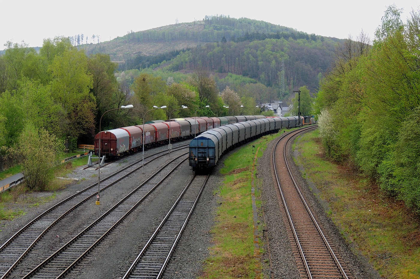 Hochbetrieb in Herdorf am 23 April 2025:
Zuvor hatten ja schon die KSW 44 und die nachschiebende KSW 47 mit sehr langen Coilzug den KSW-Rangierbahnhof in Herdorf (Betriebsstätte FGE - Freien Grunder Eisenbahn) erreicht.

Nun hat auch die die KSW 43 (92 80 1273 018-2 D-KSW), die asymmetrische Vossloh G 2000 BB, mit einem langen Coilzug (VTG Coilwagen der Gattung Shimmns-ttu, VTG Bez. F46.520D) vom Hafen Duisburg kommend den Rbf erreicht.

Den Zug übernimmt gleich die KSW 44, die diesen dann Teil weiter zu den Schäfer Werke KG am Pfannenberg in Neunkirchen-Salchendorf, da wegen den Achslasten dafür besser geeignet ist. Die KSW 43 und die KSW 47 fahren später gemeinsam als Lokzug zurück in Richtung Betzdorf/Sieg. 