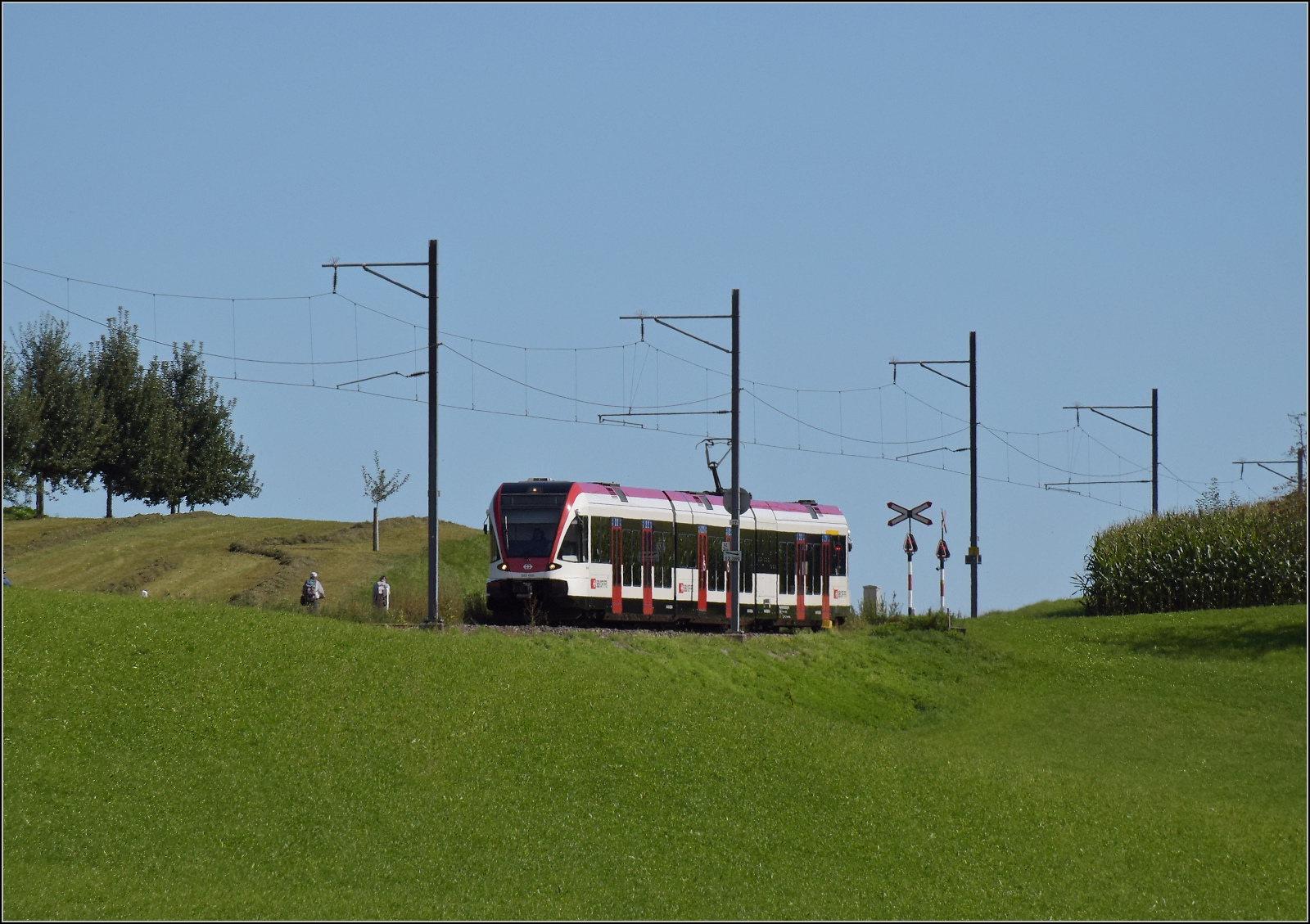 RABe 520 000 'Seon' auf dem Weg nach Luzern. Bei dieser Einstellung ist der schmale Wagenkasten als Sonderanfertigung für genau diese Strecke zu erkennen. Hochdorf, September 2024.