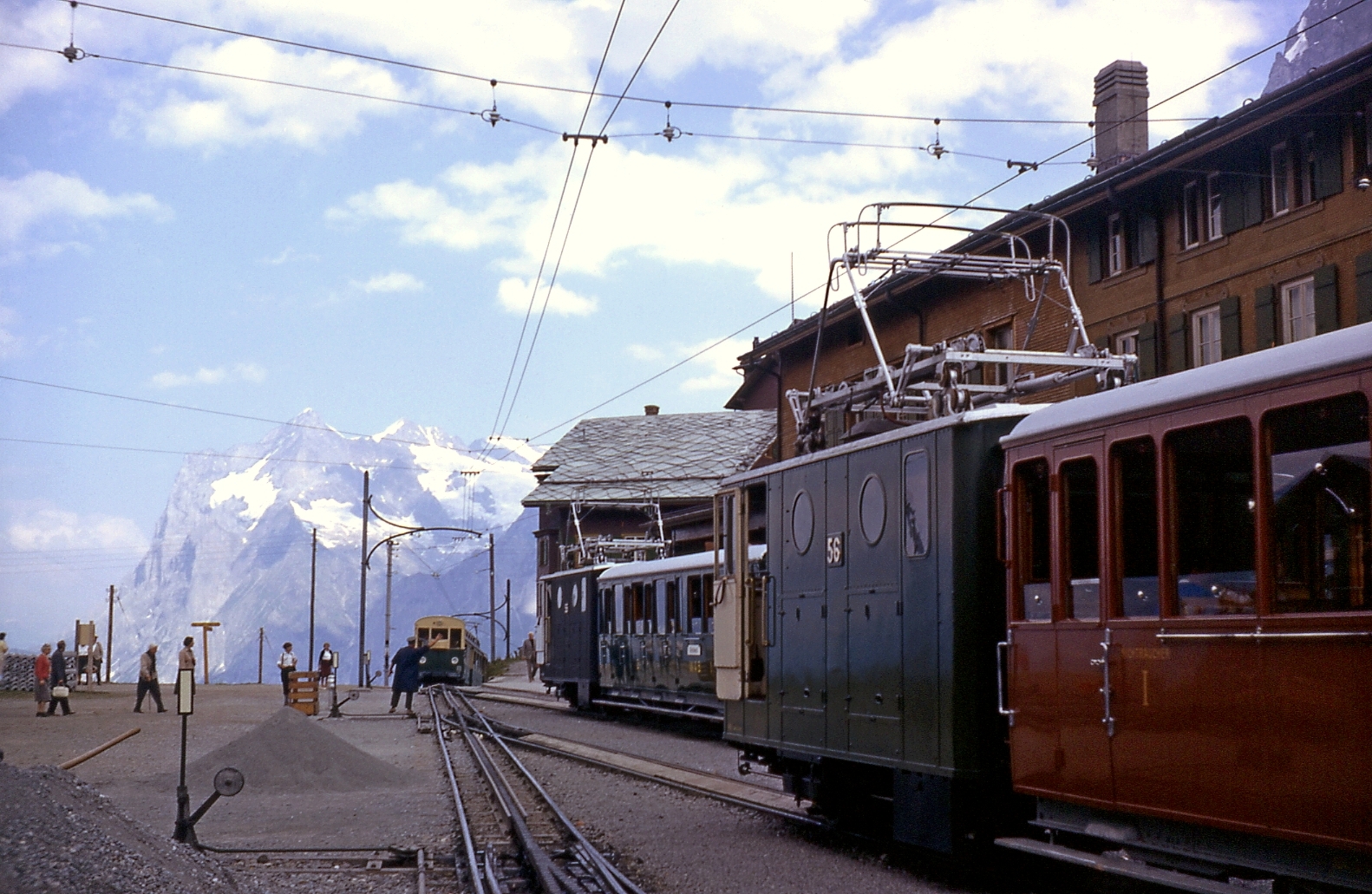 Two Wengernalpbahn (WAB) trains waiting to depart Kleine Scheidegg for Grindelwald on 3rd September 1962.