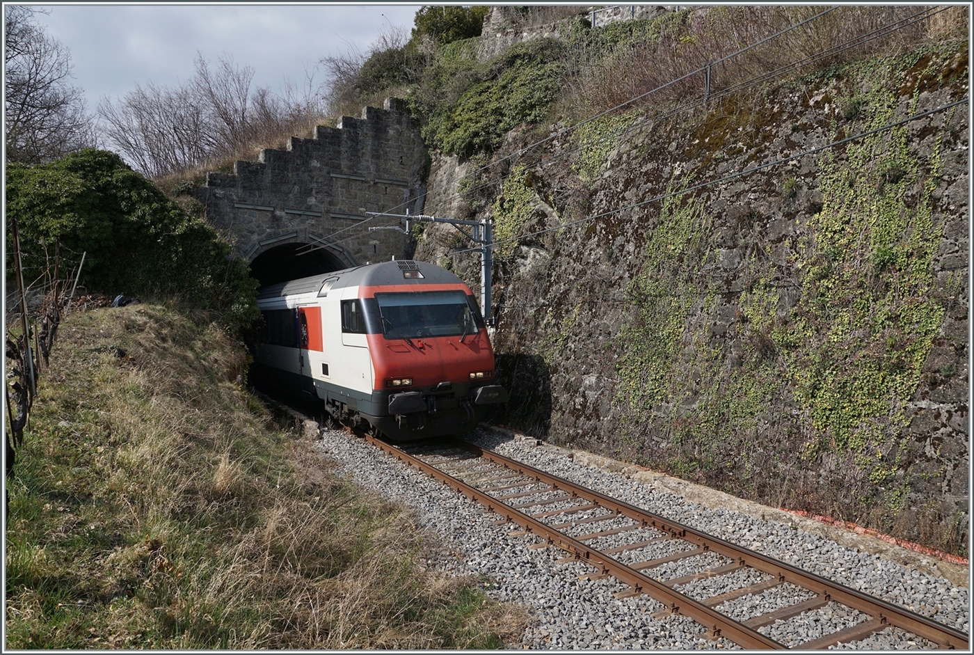 Von den vielen Tunneln in der Schweiz ist der Salanfe Tunnel auf der  Train de Vignes -Strecke wohl einer der unbedeutendsten, zudem er nur zwanzig Meter lang ist. Trotzdem eignet er sich für die Bahnfotografie als Motiv recht gut. Im Bild ein Baustellenbedingt umgeleitet IR bzw. dessen Steuerwagen auf der Fahrt in Richtung Vevey. 

20. März 2022  