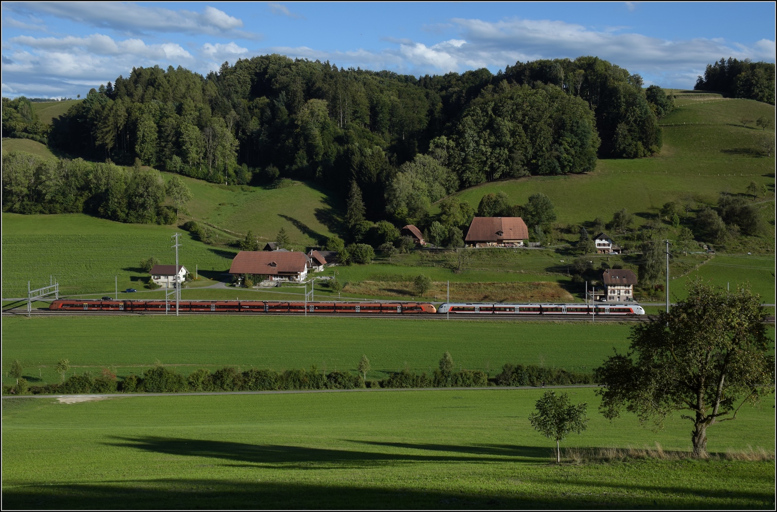 Zwei unbekannt gebliebene Flirt 3 der SOB bei Riedtwil. Vorne ein silberner RABe 526.0 und dahinter der rosegoldene Traverso RABe 526.1