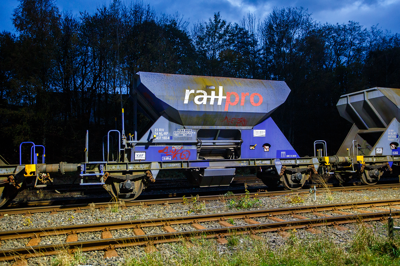 Zweiachsiger offener Schüttgutwagen mit dosierbarer Schwerkraftentladung (Schotterwagen) 23 84 6437 160-5 NL-RP, der Gattung Fccpps, der voestalpine Track Solutions Netherlands B.V. (ex voestalpine Railpro B.V.) abgestellt am frühen Abend des 26 Oktober 2025 bei der Baustelle im Bahnhof Herdorf.

Diese Wagen wurden ab 1961 von Talbot in Aachen für die NS als Fcs oder als Tds gebaut. Ab 1982 wurden die Wagen von den Firmen Jansen und WBA (NL) zu Fccpps umgebaut. Die Firma  Railpro  mietete diese Wagen ab 1995 an bzw. kaufte sie 2002 von der NS und ließ sie aufarbeiten, dabei erhielten sie einen blauen Neuanstrich und den Schriftzug „railpro“. Seit 2002 gehört Railpro zur der österreichischen Voestalpine Gruppe, aktuell firmiert sie als voestalpine Track Solutions Netherlands B.V.

Bei den Gleisbaufirmen sind diese Wagen äußerst beliebt, da sie sich der Schotter beim Einschottern sehr gut dosieren lässt. Außerdem ist der Auslauf (von der Gleismitte bis neben das Gleis) sehr gut verstellbar, daher lässt sich der Schotter auch sehr gut verteilen. 

Der Fccpps ist ein benutzerfreundlicher, Rutschenwagen, der für die Versorgung aller Arten von grobem Ballastmaterial geeignet ist. Er kann Schotter (Ballast) außerhalb und innerhalb der Schiene entladen, ohne die Schienen zu beschädigen. Mittels des Trichters kann sowohl innerhalb als auch außerhalb
der Gleise entladen werden. Die Trichter ermöglichen eine dosierbare Entladung. Bei minimalem Kraftaufwand, kann der Bediener dank eines Handhebels, der sich mühelos öffnen und schließen lässt, eine Menge von 28,2 Tonnen Schotter kontrolliert in der Schiene freisetzen. Die maximale Transportdichte über Puffer beträgt 2,93 Tonnen pro Meter. Auf der Arbeitsplattform, welche ca. 2 Meter von den Rutschen entfernt ist, können zwei Bediener gleichzeitig den Ballast auf beiden Seiten der Strecke entladen. Sämtliche Fccpps-Waggons von voestalpine Railpro sind mit einer Schalldämpfung (gummiert) in der Auslaufrinne ausgestattet, um die Umgebung aber vor allem, die Bediener und Gleisbauer vor Lärm zu schützen.

TECHNISCHE DATEN:
Hersteller: Waggonfabrik Talbot in Aachen 
Baujahr: ab 1961 / Umbau ab 1982
Spurweite: 1.435 mm (Normalspur)
Anzahl der Achsen: 2
Länge über Puffer: 9.640 mm
Achsabstand: 6.000 mm
Eigengewicht: 10.400 kg
Ladevolumen: 22 m³
Max. Ladegewicht: 28.200 kg (ab Streckenklasse C)
Höchstgeschwindigkeit: 100 km/h (beladen) 120 km/h (leer)
Bauart der Bremse: O-GP (LL)
Bremssohle: IB 116
Handbremse: keine
Intern. Verwendungsfähigkeit: RIV