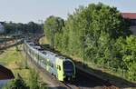 Am Morgen des 08.07.2023 f�hrt der Nordbahn-Flirt 3 ET 6.08 mit einer RB 61 aus Elmshorn in Richtung Itzehoe aus