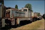 Lok 1 des ehemaligen VEB Sprengstoffwerk Gnaschwitz steht in einer Reihe weiterer V22 (Dampflokfest im Traditionsbahnbetriebswerk Sta�furt, gesehen Sta�furt-Leopoldshall 05.06.2010)
