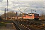 DB Schenker 155 081 und kalt 155 114 mit einem gemischten G�terzug am 22.02.2014 durch Leipzig-Thekla    Update: 155 081 am 21.05.2015 in Opladen verschrottet