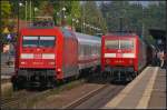 Zweimal Fernverkehr: Auf Gleis 101 steht DB 101 111-3 mit dem IC 2348 nach D�sseldorf, auf Gleis 102 schob 120 130-0 den IC 2376 nach Stralsund Hbf am 05.09.2014 zum Halt in den Bahnhof Uelzen   
