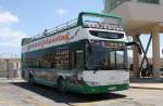 King Long Sightseeing Bus der grnen Linie im Fhrhafen Mgarr der Insel Gozo am
15.5.2014 in Malta.