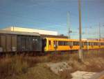 U-Bahn Zug (mit Schutzwagen)f�r die BVG in Berlin, fertig zur �berf�hrung!  Aufgenommen in Hennigsdorf bei Berlin (m�sste so aus dem Jahr 2003 oder 2004 sein).
