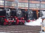 01 202 und 001 180-9 stehen im Dampflokschuppen des Bw Dresden, w�hrend 01 2066-7 langsam auf die Drehscheibe hinaurollt, beim 7.