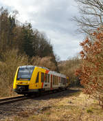   Der VT 504 (95 80 1648 104-5 D-HEB / 95 80 1648 604-4 D-HEB) ein Alstom Coradia LINT 41 der neuen Generation / neue Kopfform der HLB (Hessische Landesbahn GmbH), erreicht am 07.03.2020, als RB 96