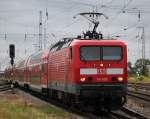 114 005 mit RE 5 von Rostock Hbf nach Lutherstadt Wittenberg bei der Bereitstellung im Rostocker Hbf.18.07.2015