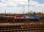 Ein Blick aus dem Zug auf den Rangierbahnhof Maschen (Maschen Rbf) am 23 April 2026, hier steht die 185 350-6 mit Werbung „Grenzenlos f�r Sie im Einsatz“ (91 80 6185 350-6 D-RHC), ex DB Cargo 185 350-6, der RheinCargo GmbH & Co. KG, mit einem Flachwagenzug. 

Die TRAXX F140 AC2 wurde 2008 von Bombardier in Kassel unter der Fabriknummer 34250 gebaut und die DB Cargo (damals Railion) geliefert, 2019 wurde sie an die RheinCargo GmbH & Co. KG verkauft. 

Maschen Rangierbahnhof, s�dlich von Hamburg an der Bahnstrecke Hannover–Hamburg ist der gr��te Rangierbahnhof Europas und nach dem Rangierbahnhof Bailey Yard im US-Bundesstaat Nebraska der zweitgr��te Rangierbahnhof der Welt. Der Rangierbahnhof nimmt bei einer L�nge von 7 km und einer maximalen Breite von 700 Metern eine Fl�che von 280 Hektar (2,8 km�) ein. Bei der Er�ffnung betrug die Gesamtgleisl�nge 300 Kilometer. Als zweiseitiger Rangierbahnhof verf�gt Maschen �ber zwei Zugbildungsanlagen. Im Nord-S�d-System wurden eine Richtungsgruppe mit 48 Gleisen und eine Einfahrgruppe mit 16 Gleisen erbaut, das S�d-Nord-System bekam eine Richtungsgruppe mit 64 Gleisen und eine Einfahrtsgruppe mit 17 Gleisen. Beide Systeme werden durch Abstell- und Ordnungsgruppen erg�nzt. Zudem sind eine achtgleisige Wagenausbesserungshalle zur Reparatur von G�terwagen und ein Bahnbetriebswerk zur Instandhaltung von elektrischen und dieselgetriebenen G�terzuglokomotiven mit einer zweigleisigen Untersuchungshalle und zahlreichen Abstellgleisen im Freien vorhanden. F�r jedes System sind zwei Stellwerke zust�ndig.