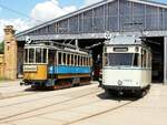 Stra�enbahn / Stadtverkehr Leipzig T 2 Nr.1454 von Dessau 1925 und T 4 Nr.20  Maximumwagen von Nordwaggon Baujahr 1909 im Tram-Museum Leipzig, bereit f�r Fahrten durch Leipzig am 21.07.2019.
