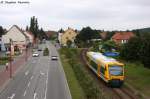 VT 650.75 (650 075-4) ODEG - Ostdeutsche Eisenbahn GmbH als RB51 (RB 68861) von Rathenow nach Brandenburg Hbf in Premnitz und hatte in wenigen Sekunden den Haltepunkt Premnitz Zentrum erreicht.