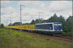 PRESS 155 048-6 fuhr mit leeren Snps-Wagen für den Holztransport am 23.08.2017 durch die Berliner Wuhlheide (NVR-Nummer 91 80 6155 213-2 D-PRESS, Eigner IntEgro)