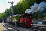 Dampffestival im Fond de Gras, Stehkesseldampflok 503 des Train 1900 schiebt ihren Zug mit einer leichten Dampffahne aus dem Bois de Rodange kommend in den Bahnhof Fond de Gras.