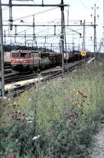 SJ Rc 4 Nr.1166 mit Güterzug fährt in Hallsberg ein am 10.08.1985.