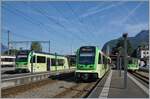 Der TPC Beh 2/6 wartet auf die Abfahrt nach Champéry, der neue ABe 4/8 471 wird nach Les Diablerets fahren und im Hintergrund steht ein A-L Regionalzug R70 nach Leysin.