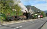 Mit dem MOB Flachwagen am Haken schiebt die BFD HG 3/4 N° 3 der Blonay-Chamby Bahn in Blonay die Komposition des Dampfzugs in die Neigung.