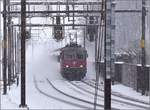 Heftiger Schneefall vor genau zwei Jahren in Tecknau. Re 4/4 II 11197 kämpft sich mit einem IR den Weg zum Hauen
steinbasistunnel frei. Januar 2017.