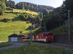 Zentralbahn, Strecke Luzern - Engelberg: Lok 101 961 kommt kurz vor Engelberg aus dem neuen Engelbergertunnel (4043 m lang, 10, 5 % Steigung, eröffnet 2010) heraus. Die alte Strecke verlief in die Kurve links. An erster Stelle im Zug der Panoramawagen A102. 12.August 2024 