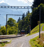 Die tpc BVB HGe 4/4 32 „Villars“ erreicht am 10 September 2023, mit einem Personenzug/Pendelzug (Personenwagen tpc BVB B 51 und Steuerwagen tpc BVB Bt 54), den Haltepunkt Bouquetins auf