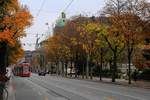 November-Impressionen aus Bern: Vevey-Tram 733 biegt vom Bahnhof kommend in die Bundesgasse ein; im Hintergrund das Bundeshaus.