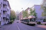 Das Ende naht - die Bernmobil Be4/8 von ACMV Vevey aus dem Jahr 1990: Wagen 731 nimmt die Steigung zur Cäcilienstrasse hinauf in Angriff, unterwegs ins Fischermätteli. 29.April 1991 