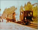 Bilder aus alten Zeiten: mit der Dampflokomotive E 3/3 Nr. 1  Lise  ehemals Gaswerk der Stadt Bern, fuhr die DBB etliche Jahre Dampfzüge von Flamat nach Gümmenen. 
Im Bild ist die E 3/3 N° 1 gerade in Gümmenen angekommen und wird in der Folge ihren kurzen Zug umfahren um dann nach Laupen zurück zu dampfen. 

Heute trägt die 1901 von der SLM gebaute Lok die UIC Nummer 90 85 0008 441-7 und ist leider abgestellt. 
Auf der Strecke Gümmenen - Laupen verkehren heute keine Züge mehr aber die Strecke kann zum grössten Teil noch mit dem Schienvelo befahren werden. 

Analogbild vom 3. Mai 1981