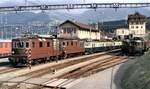 BLS Re 4/4; Ae 6/8 und ABDZe 4/6 in Spiez am 27.07.1980.
