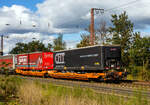 Sechsachsiger Gelenk-Taschenwagen (Doppeltaschenwagen Typ T3000e in Gelenkbauart) der Gattung Sdggmrss, 37 80 4992 358-5 D-WASCO, der WASCOSA AG (Luzern), vermietet an die TX Logistik AG (Troisdorf), am 05 Oktober 2024 im Zugverband (Zugschluss) bei der Zugdurchfahrt in Rudersdorf (Kr. Siegen). Hier beladen mit zwei Sattelanhngern (Trailer).
	
Der Wagen wurde von Tatravagnka a.s. in Poprad (Slowakei) gebaut, die Entwicklung und wohl auch Lizenzgeber ist die Ferriere Cattaneo SA in Giubiasco (Schweiz). Die Fabrikschilder kann man links am Wagenende erkennen.Die Wagen vom Typ T3000e werden nach einem Patent der Cattaneo SA (Schweiz) gebaut und sind baugleich zu Wagen von Kombiverkehr, Cemat, der CFL und Wascosa. Mgliche Ladeeinheiten sind zwei Sattelauflieger oder alternativ bis zu vier Wechselbrcken und/oder Container. Dafr besitzt der Wagen einen dreifach verstellbaren Sttzbock sowie fr die Ladungseinheiten feste und klappbare Aufsetzzapfen auf den Langtrgern. Das maximale Zuladegewicht betrgt fr Sattelauflieger 2  40 t; die Basishhe liegt bei 270 mm ber SO.

TECHNISCHE DATEN:
Spurweite: 1.435 mm (Normalspur)
Lnge ber Puffer: 34.200 mm
Drehzapfenabstand: 2 x 14.200 mm
Radsatzstand in den Drehgestellen: 1.800 mm
Eigengewicht: 35.300 kg
Max. Zuladung bei Lastgrenze S: 100,0 t (ab Streckenklasse D)
Max. Zuladung bei Lastgrenze SS: 85,0 t (ab Streckenklasse C)
Hchstgeschwindigkeit: 100 km/h Lastgrenze S / 120 km/h bei Lastgrenze SS und leer)
Ladelnge: 2 x 16.185 mm
Ladehhe (fr Container): 1.155 m
Nutzbare Lnge des Raums zwischen den Schutztrger: 10.490 mm
Raumbreite zwischen Lngstrgern: min. 2.700 mm
Kleinster befahrbarer Gleisbogen: R = 75 m
Drehgestelle: 1x Y25Ls(s)i1f und 2 x Y25Lssi1-K
Bremse: 2 x DK-GP-A (K), max. 108 t
Bremssohle: Jurid 816 M
Handbremse: Ja, auf das mittlere Drehgestell
Intern. Verwendungsfhigkeit: TEN GE / G1
