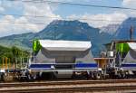 BLS Neuschotterwagen der Gattung Fccnpps (21 RIV 85 CH-BLS 6439 725-3) angestellt am 28.05.2012 im Bahnhof Spiez.